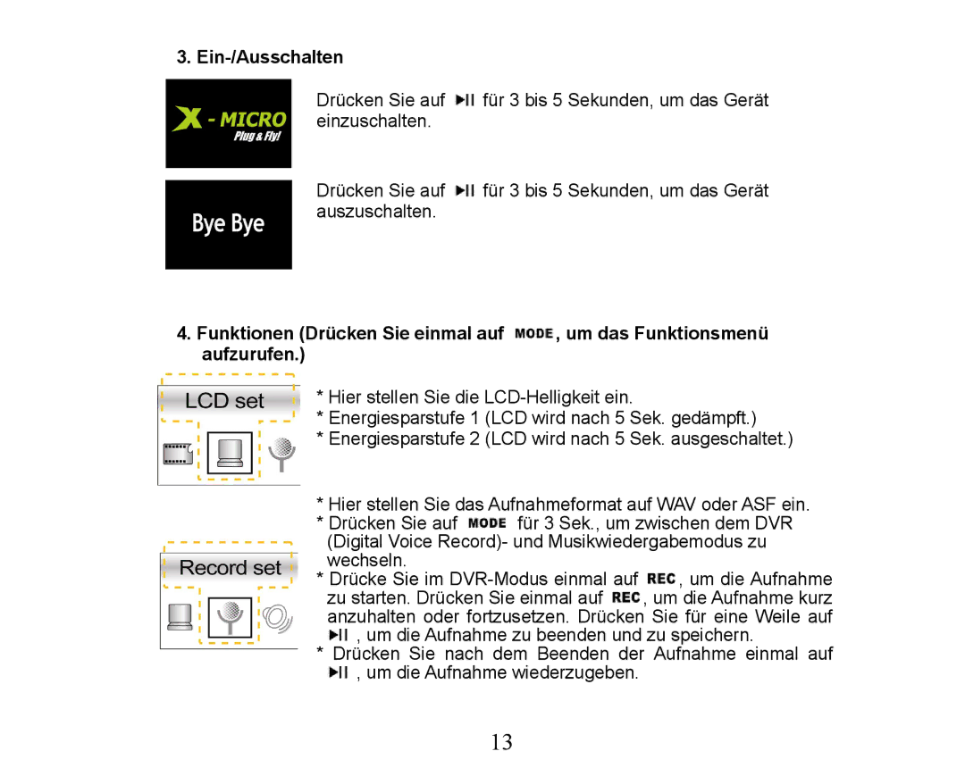 X-Micro Tech XMP3-M256F manual Ein-/Ausschalten 