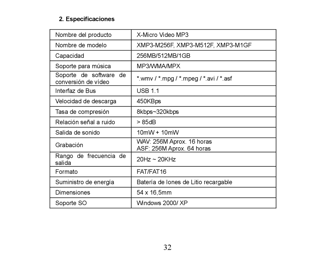 X-Micro Tech XMP3-M256F manual Especificaciones 