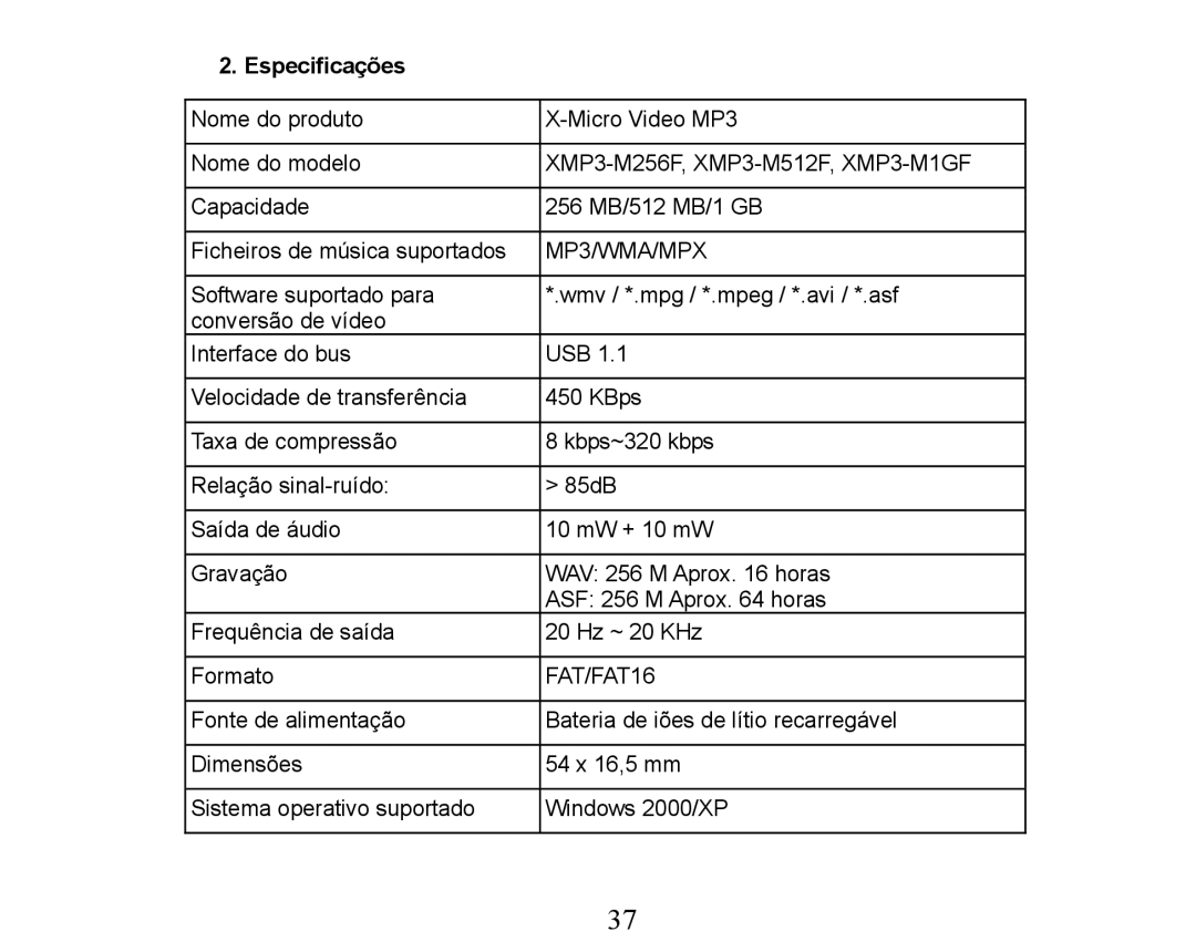 X-Micro Tech XMP3-M256F manual Especificações 