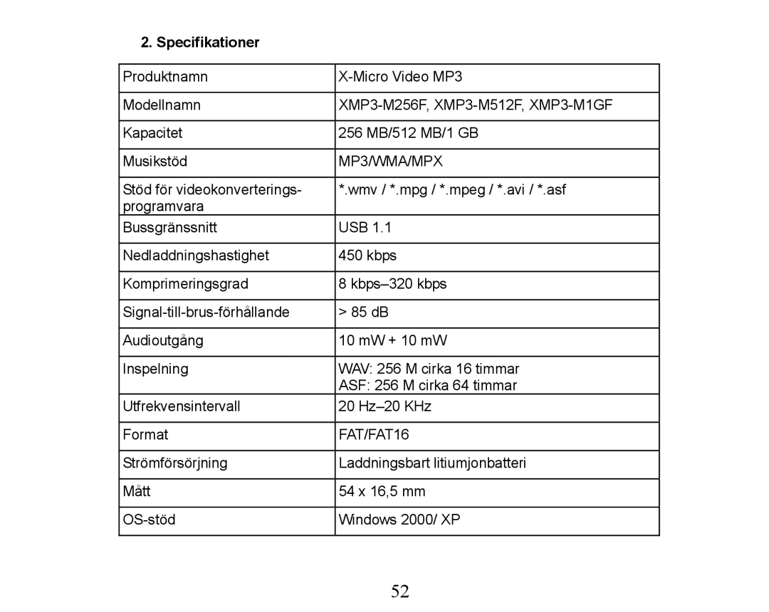 X-Micro Tech XMP3-M256F manual Specifikationer 