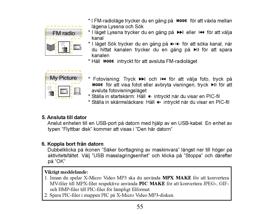 X-Micro Tech XMP3-M256F manual Ansluta till dator, Koppla bort från datorn, Viktigt meddelande 