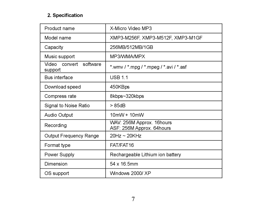 X-Micro Tech XMP3-M256F manual Specification, MP3/WMA/MPX 