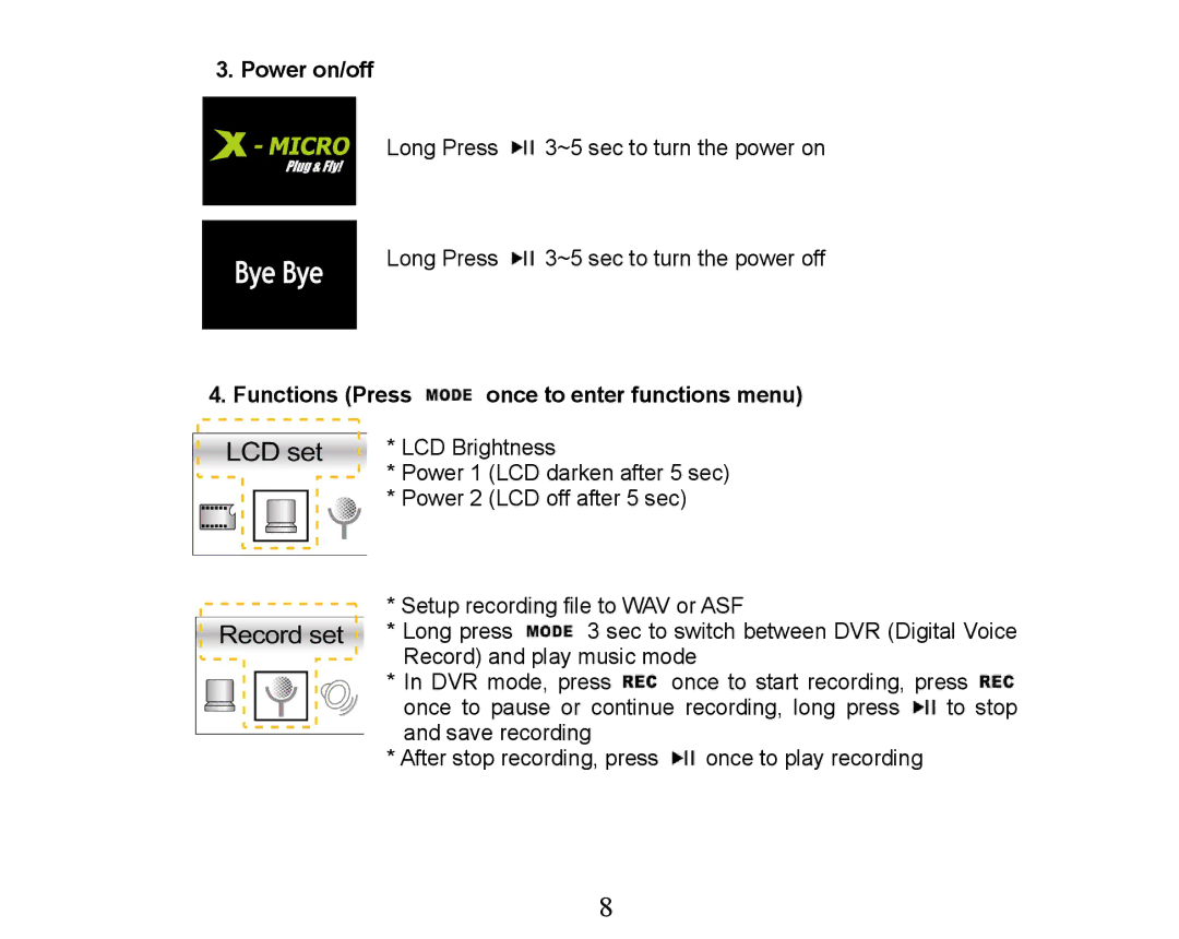 X-Micro Tech XMP3-M256F manual Power on/off, Functions Press once to enter functions menu 