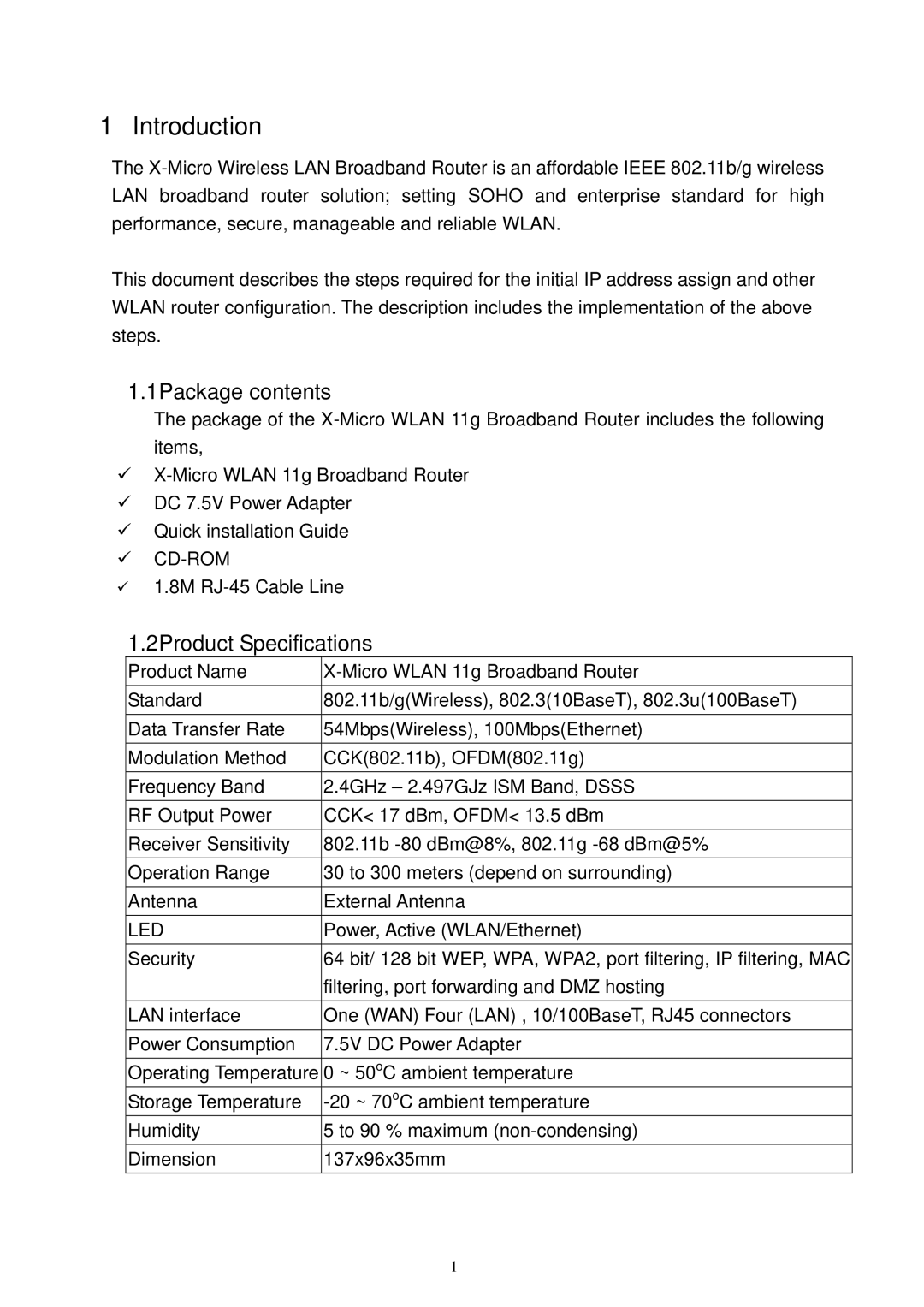 X-Micro Tech XWL-11GRTX user manual 1Package contents, 2Product Specifications 