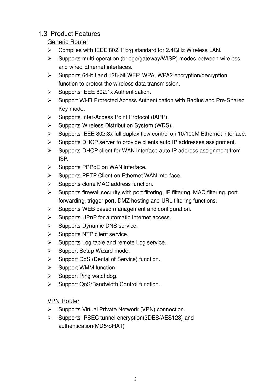 X-Micro Tech XWL-11GRTX user manual Product Features, Generic Router 