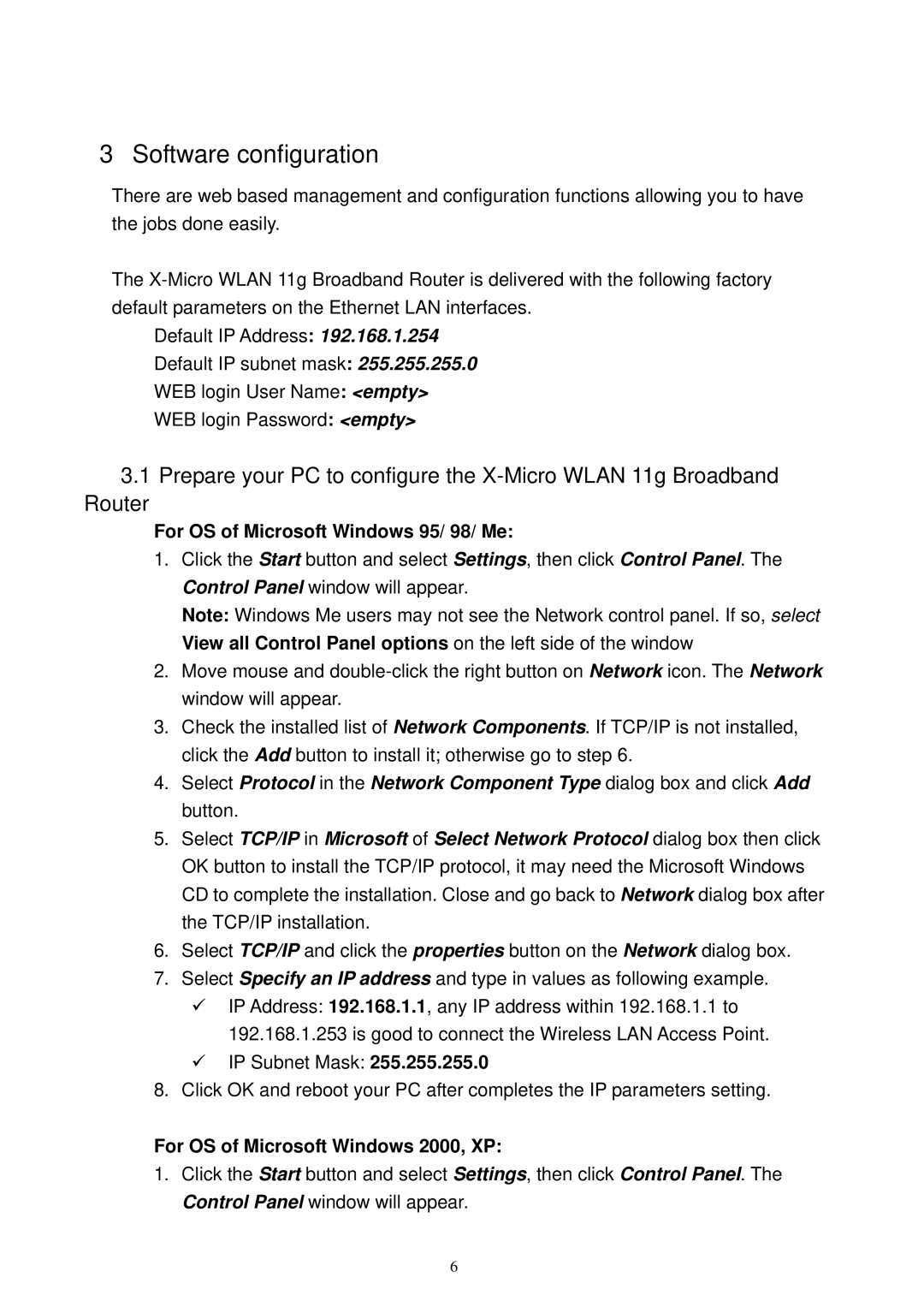 X-Micro Tech XWL-11GRTX user manual For OS of Microsoft Windows 95/ 98/ Me, For OS of Microsoft Windows 2000, XP 