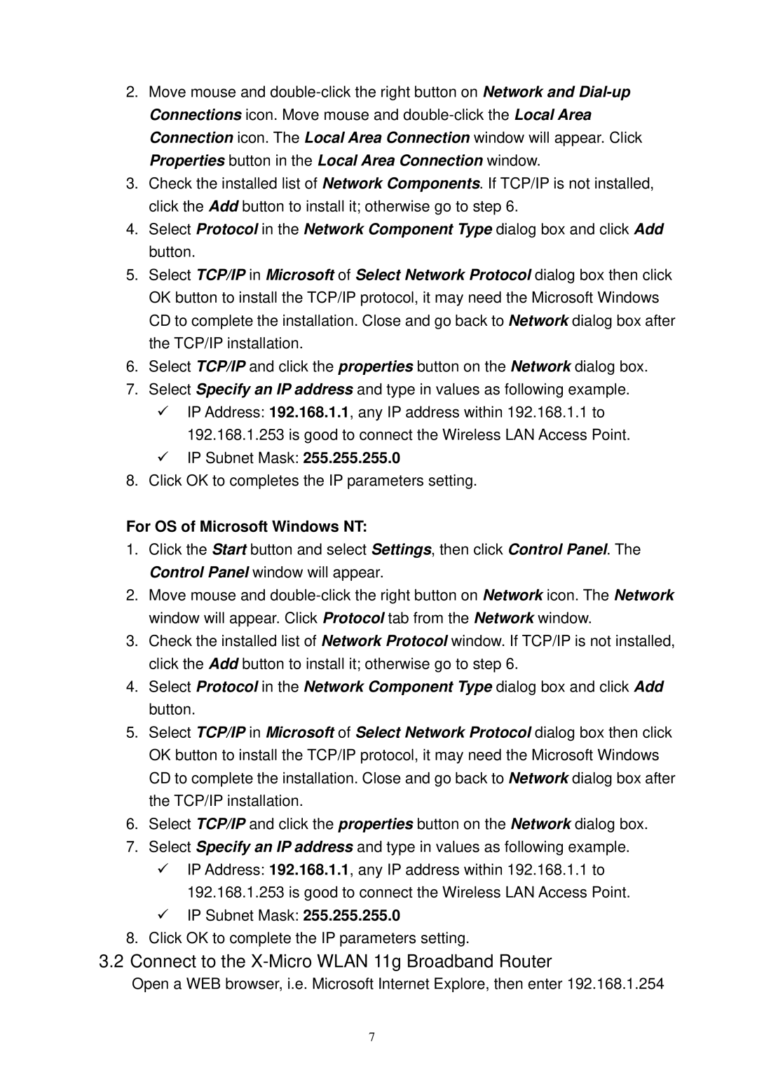 X-Micro Tech XWL-11GRTX user manual Connect to the X-Micro Wlan 11g Broadband Router, For OS of Microsoft Windows NT 