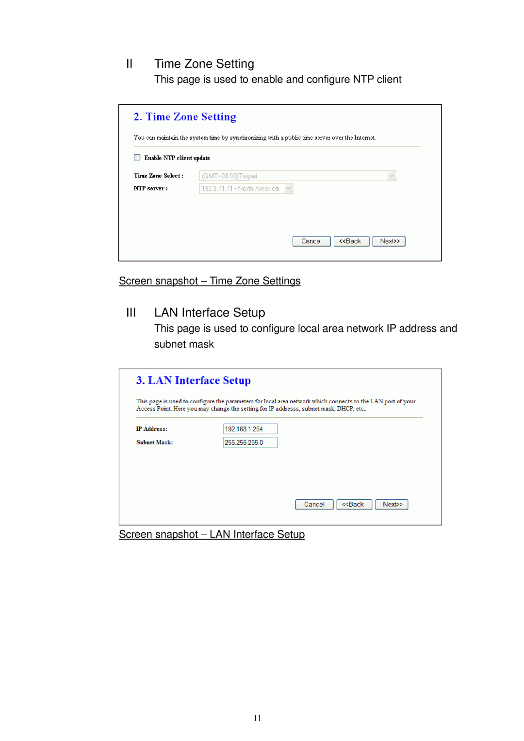 X-Micro Tech XWL-11GRTX user manual II Time Zone Setting, III LAN Interface Setup 