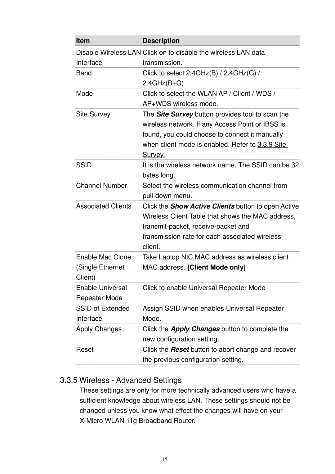 X-Micro Tech XWL-11GRTX user manual Wireless Advanced Settings, MAC address. Client Mode only 