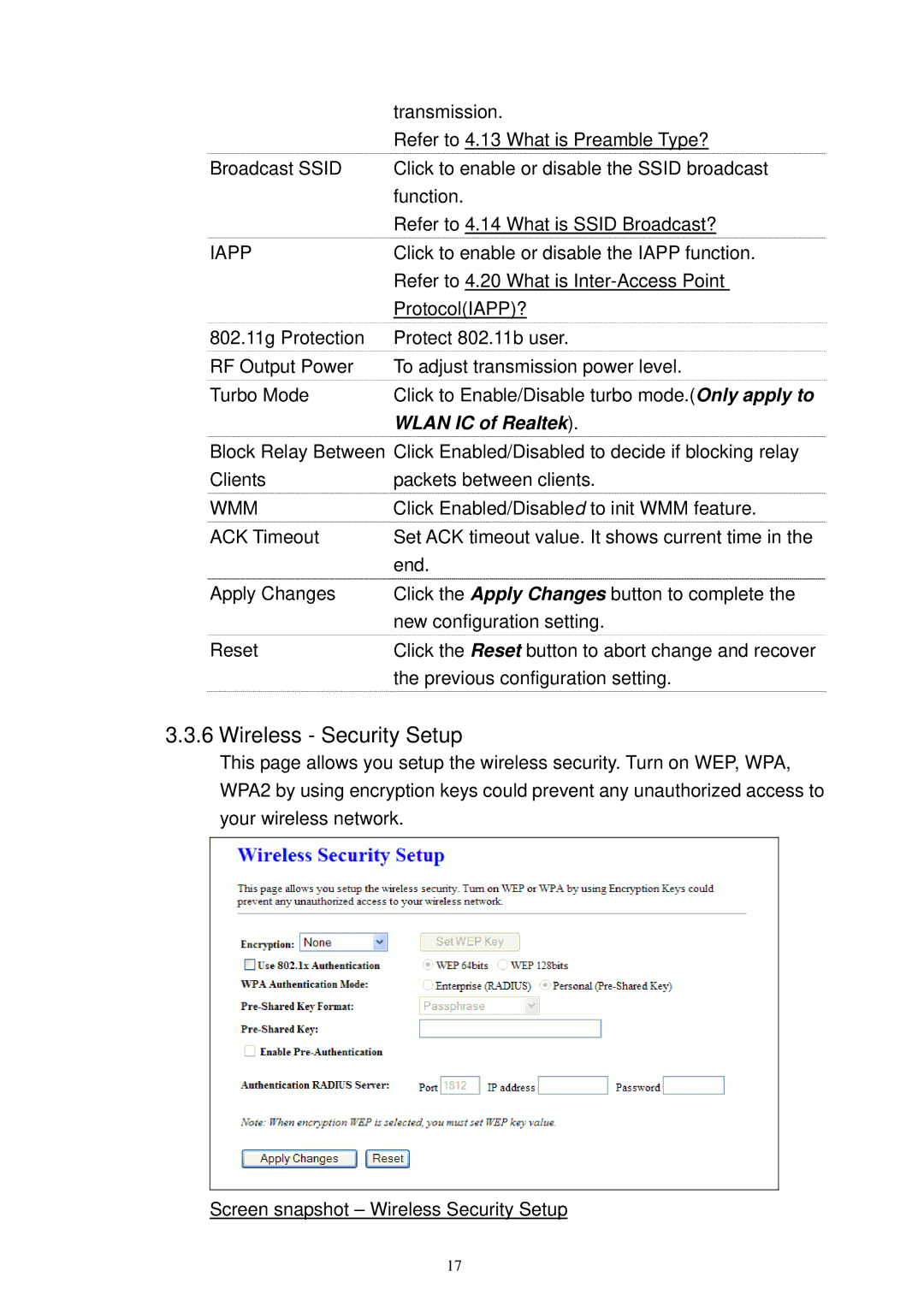 X-Micro Tech XWL-11GRTX user manual Wireless Security Setup, Wlan IC of Realtek 