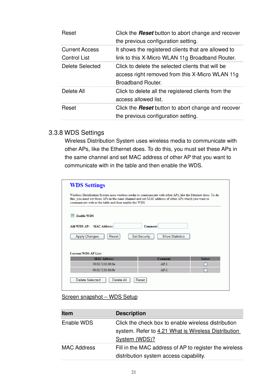 X-Micro Tech XWL-11GRTX user manual WDS Settings 