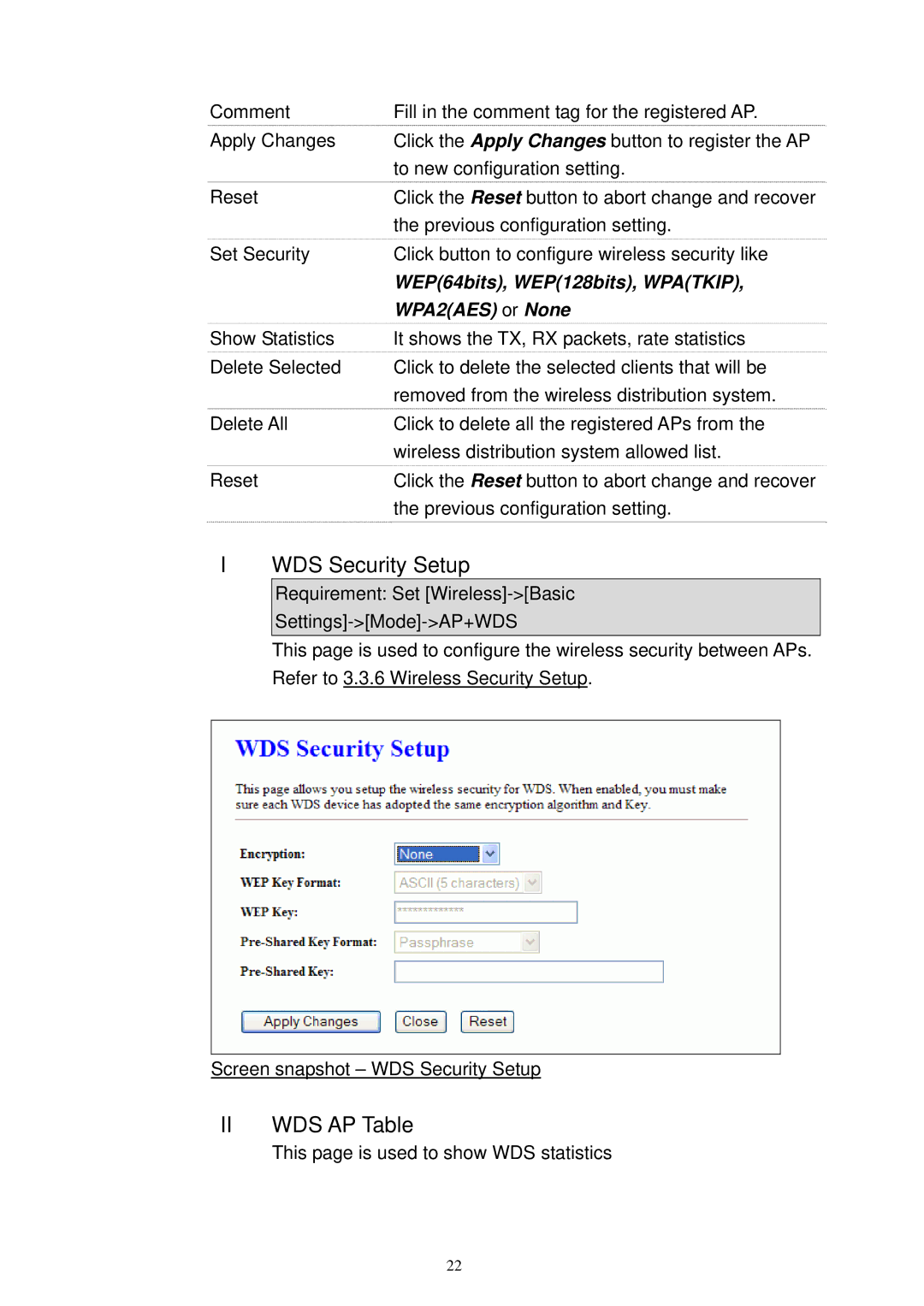 X-Micro Tech XWL-11GRTX user manual WDS Security Setup, II WDS AP Table, WEP64bits, WEP128bits, Wpatkip, WPA2AES or None 