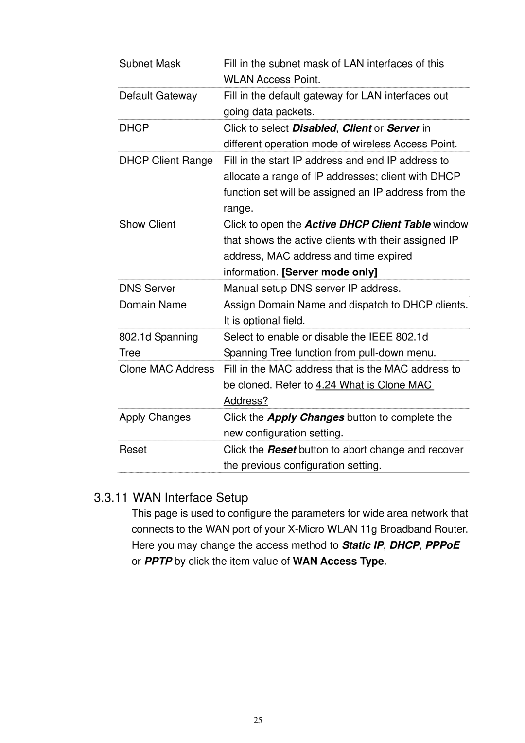 X-Micro Tech XWL-11GRTX user manual WAN Interface Setup, Click to open the Active Dhcp Client Table window 