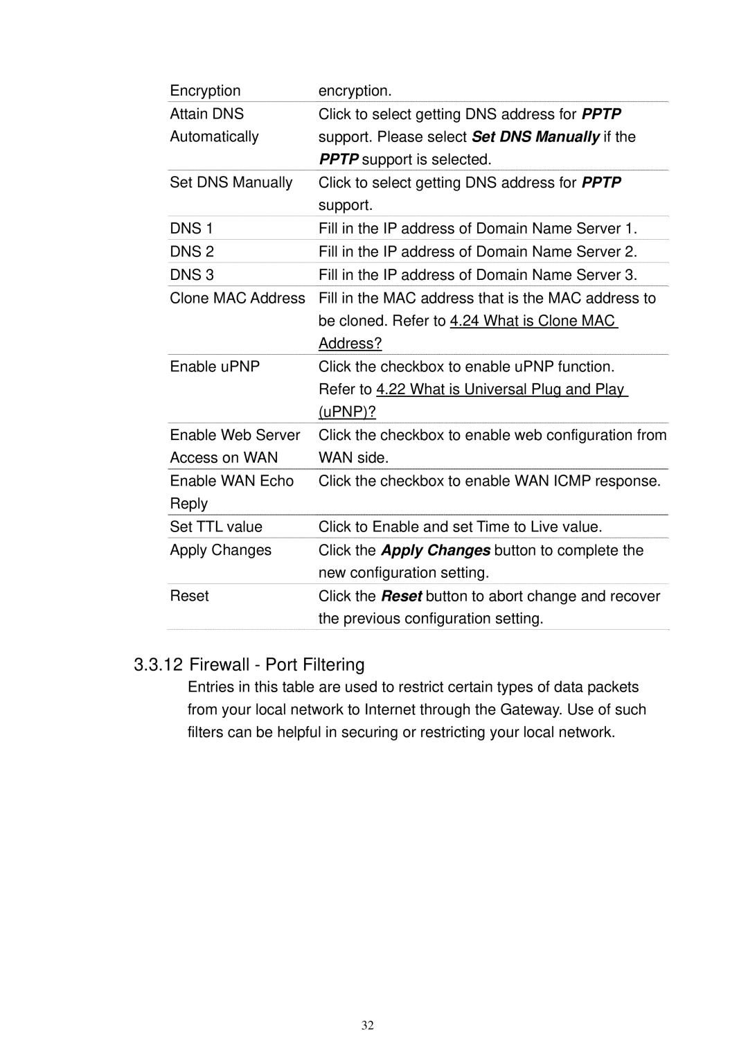 X-Micro Tech XWL-11GRTX user manual Firewall Port Filtering 