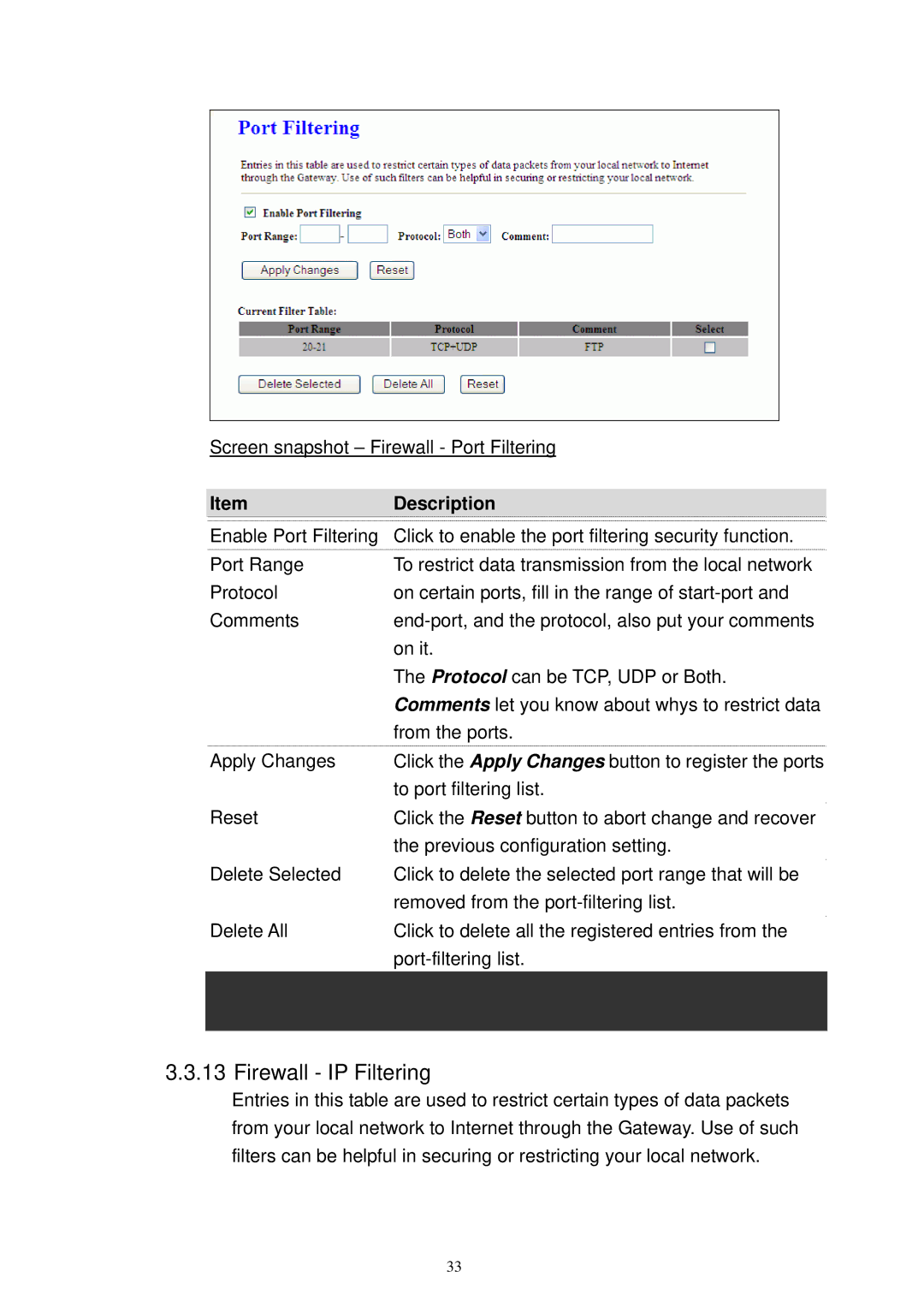 X-Micro Tech XWL-11GRTX user manual Firewall IP Filtering 