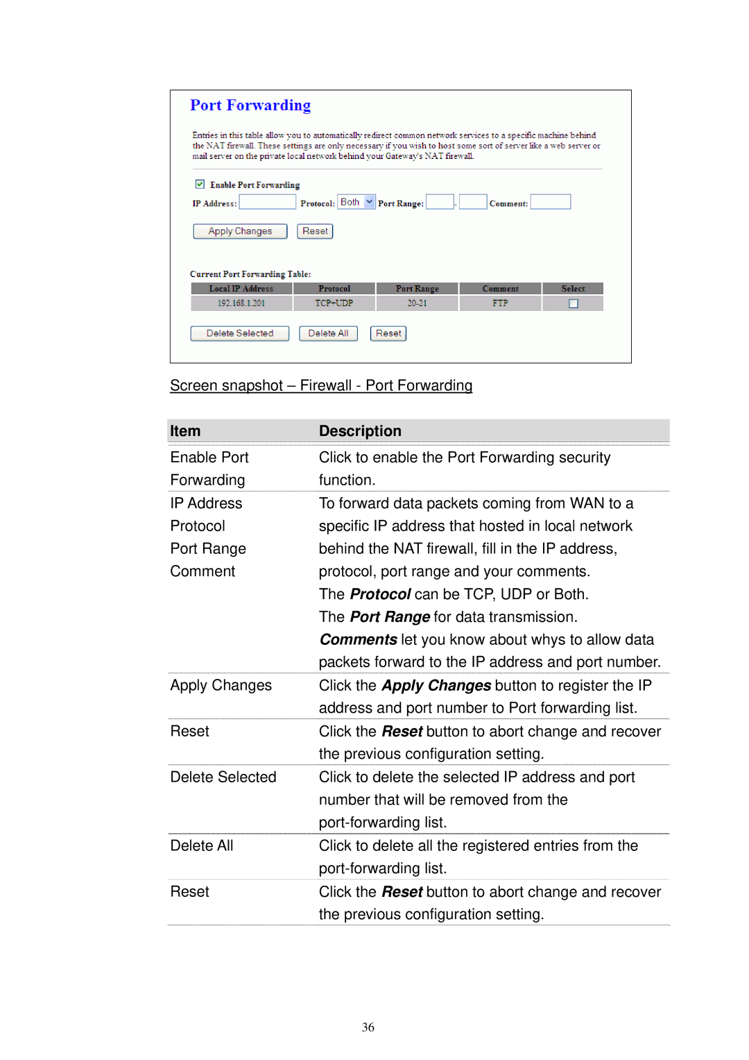 X-Micro Tech XWL-11GRTX user manual Screen snapshot Firewall Port Forwarding 