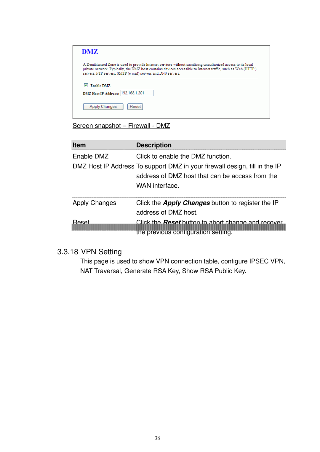 X-Micro Tech XWL-11GRTX user manual VPN Setting, Enable DMZ Click to enable the DMZ function 