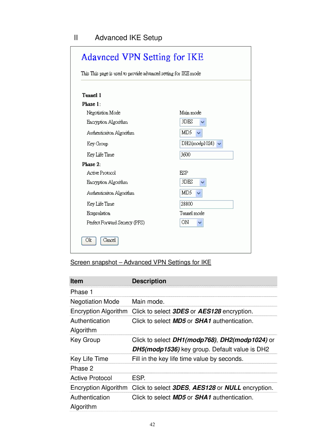 X-Micro Tech XWL-11GRTX user manual II Advanced IKE Setup, Click to select DH1modp768 , DH2modp1024 or 