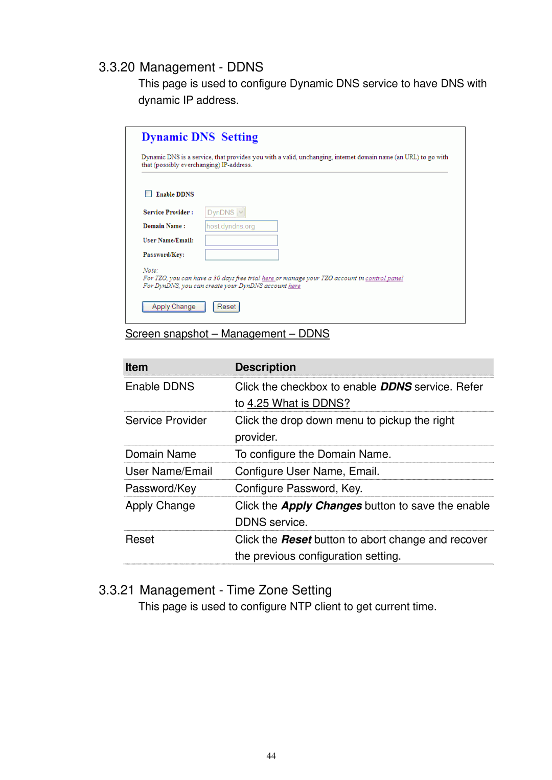 X-Micro Tech XWL-11GRTX user manual Management Ddns, Management Time Zone Setting 