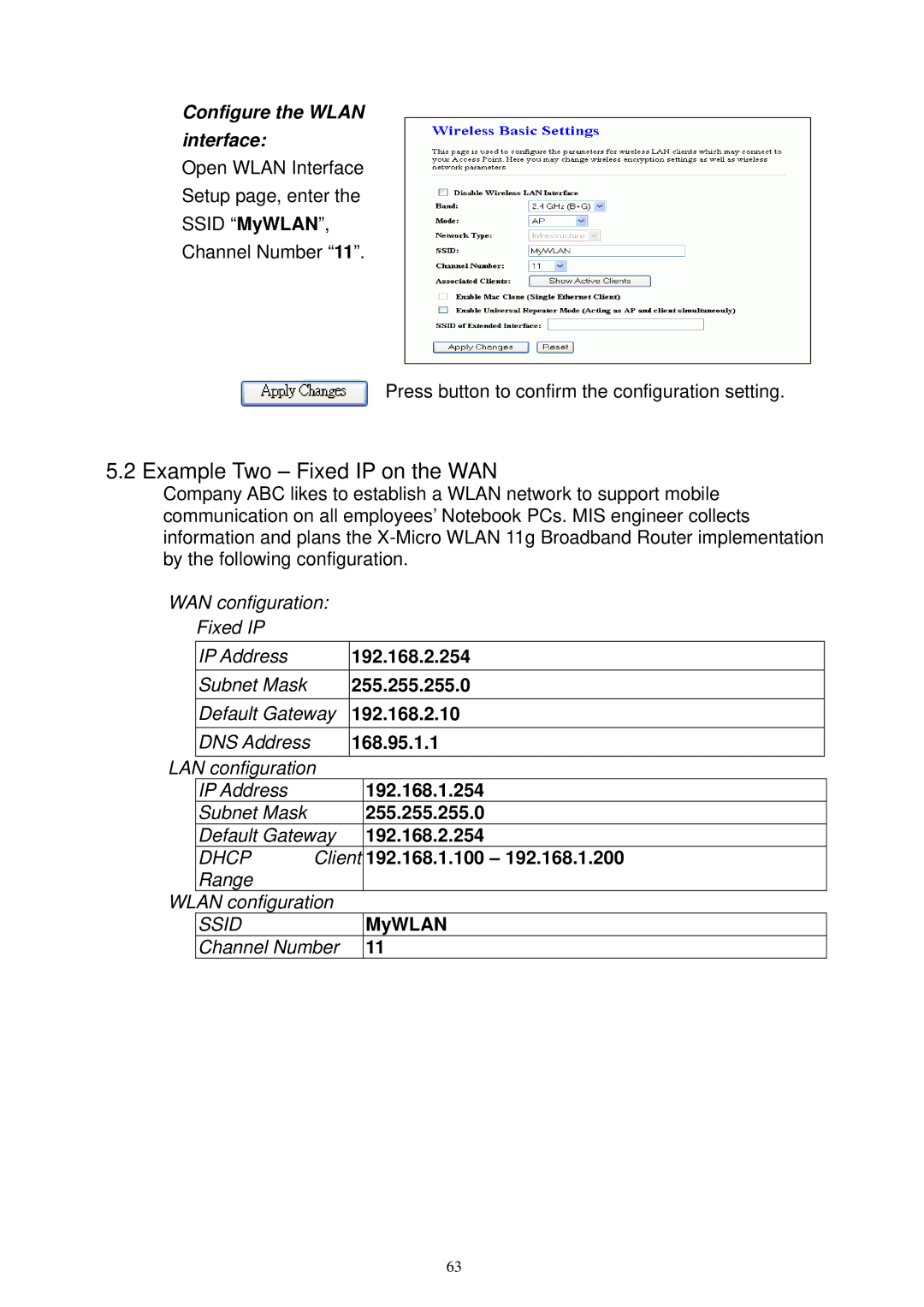 X-Micro Tech XWL-11GRTX Example Two Fixed IP on the WAN, Configure the Wlan interface, 192.168.2.254, 192.168.2.10 