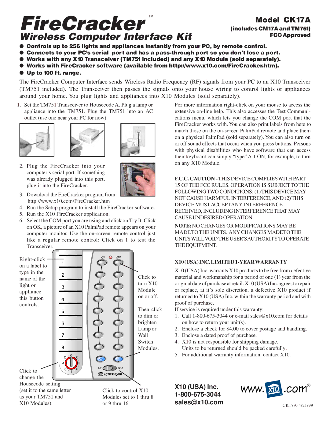 X10 Wireless Technology 190000 warranty FireCracker, Wireless Computer Interface Kit, X10 USA INC. Limited 1-YEAR Warranty 