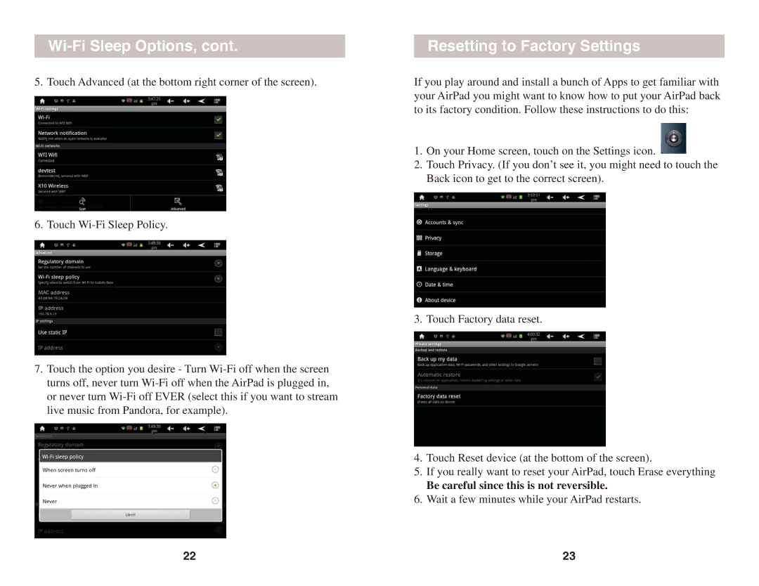 X10 Wireless Technology AIRPAD 1 owner manual Wi-Fi Sleep Options, Resetting to Factory Settings 