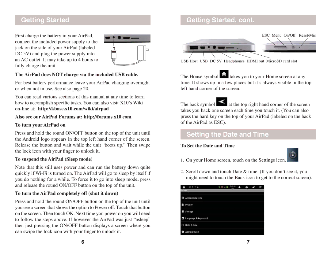 X10 Wireless Technology AIRPAD 1 owner manual Getting Started, Setting the Date and Time, To Set the Date and Time 