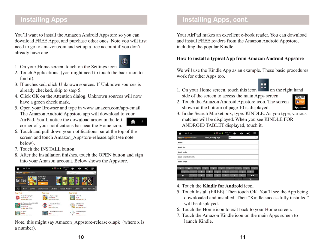 X10 Wireless Technology AIRPAD 1 owner manual Installing Apps, How to install a typical App from Amazon Android Appstore 