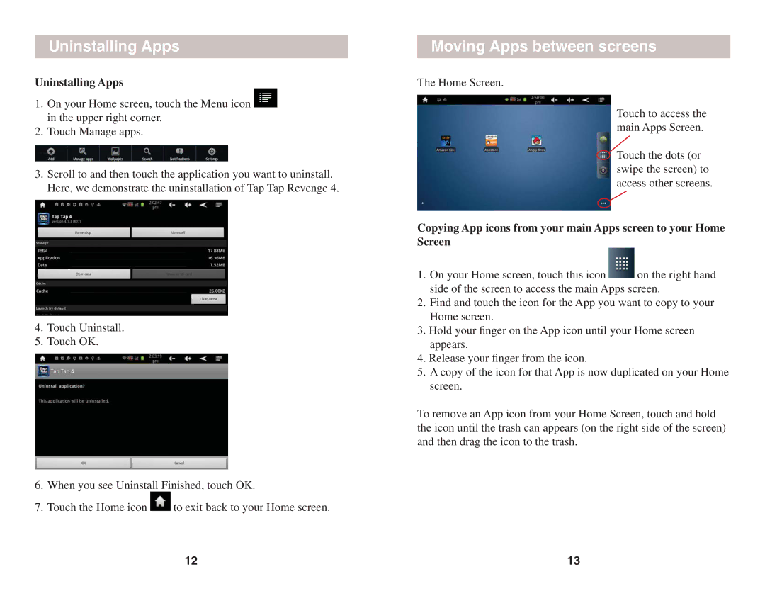X10 Wireless Technology AIRPAD 1 owner manual Uninstalling Apps, Moving Apps between screens 