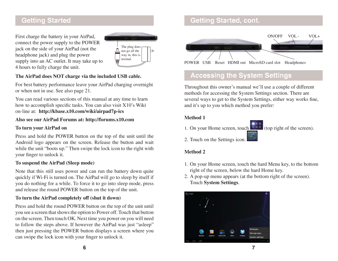 X10 Wireless Technology AIRPAD7P owner manual Getting Started Getting Started, Accessing the System Settings, Method 