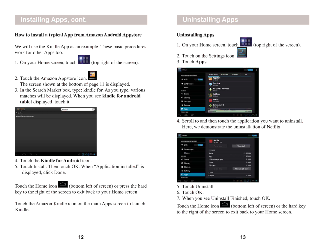 X10 Wireless Technology AIRPAD7P owner manual Installing Apps, Uninstalling Apps, Touch the Kindle for Android icon 