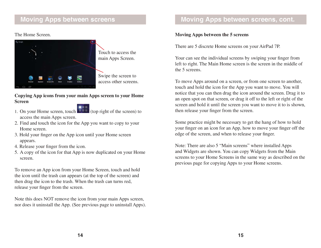 X10 Wireless Technology AIRPAD7P owner manual Moving Apps between screens, Moving Apps between the 5 screens 