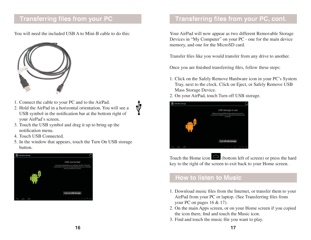 X10 Wireless Technology AIRPAD7P owner manual Transferring ﬁles from your PC, How to listen to Music 