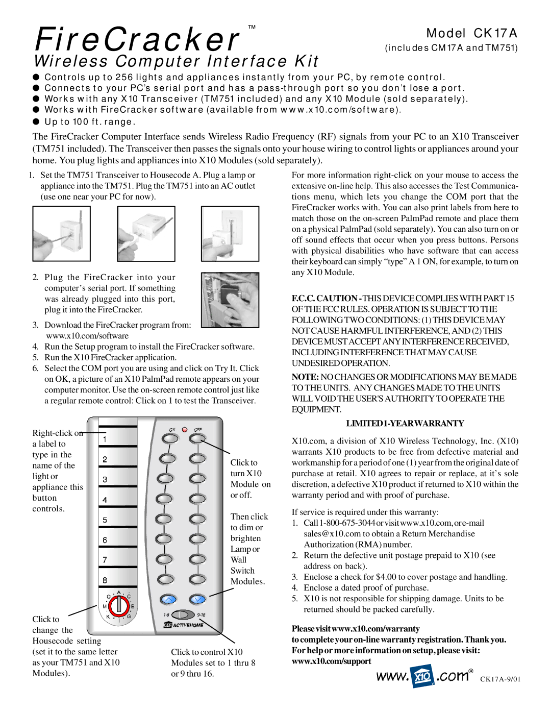 X10 Wireless Technology CK17A, CM17A, TM751 warranty FireCracker, Wireless Computer Interface Kit, LIMITED1-YEARWARRANTY 