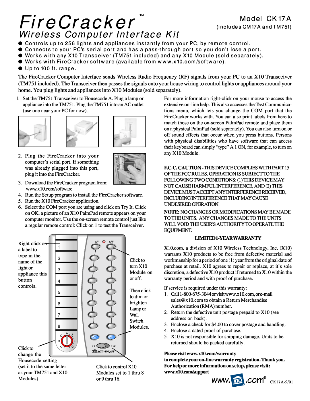 X10 Wireless Technology warranty FireCracker, Wireless Computer Interface Kit, Model CK17A, LIMITED1-YEARWARRANTY 
