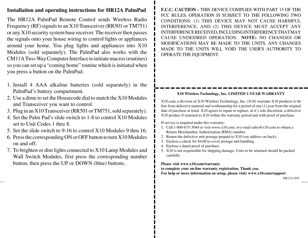 X10 Wireless Technology warranty Installation and operating instructions for HR12A PalmPad 