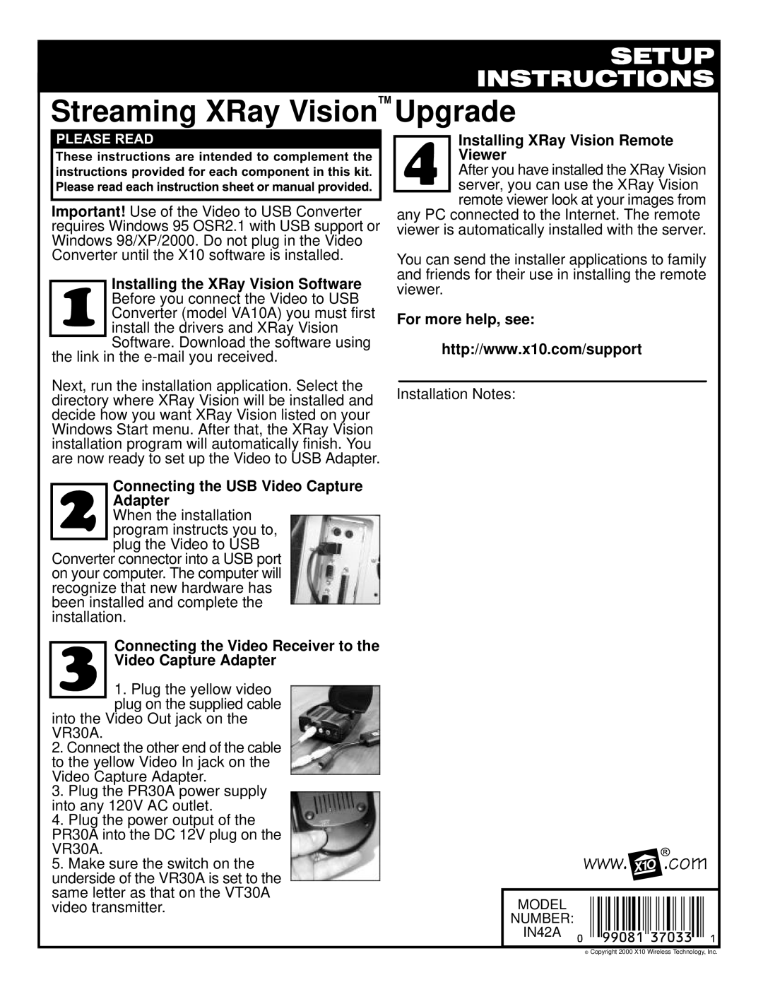 X10 Wireless Technology IN42A manual Streaming XRay Vision Upgrade, Connecting the USB Video Capture Adapter 