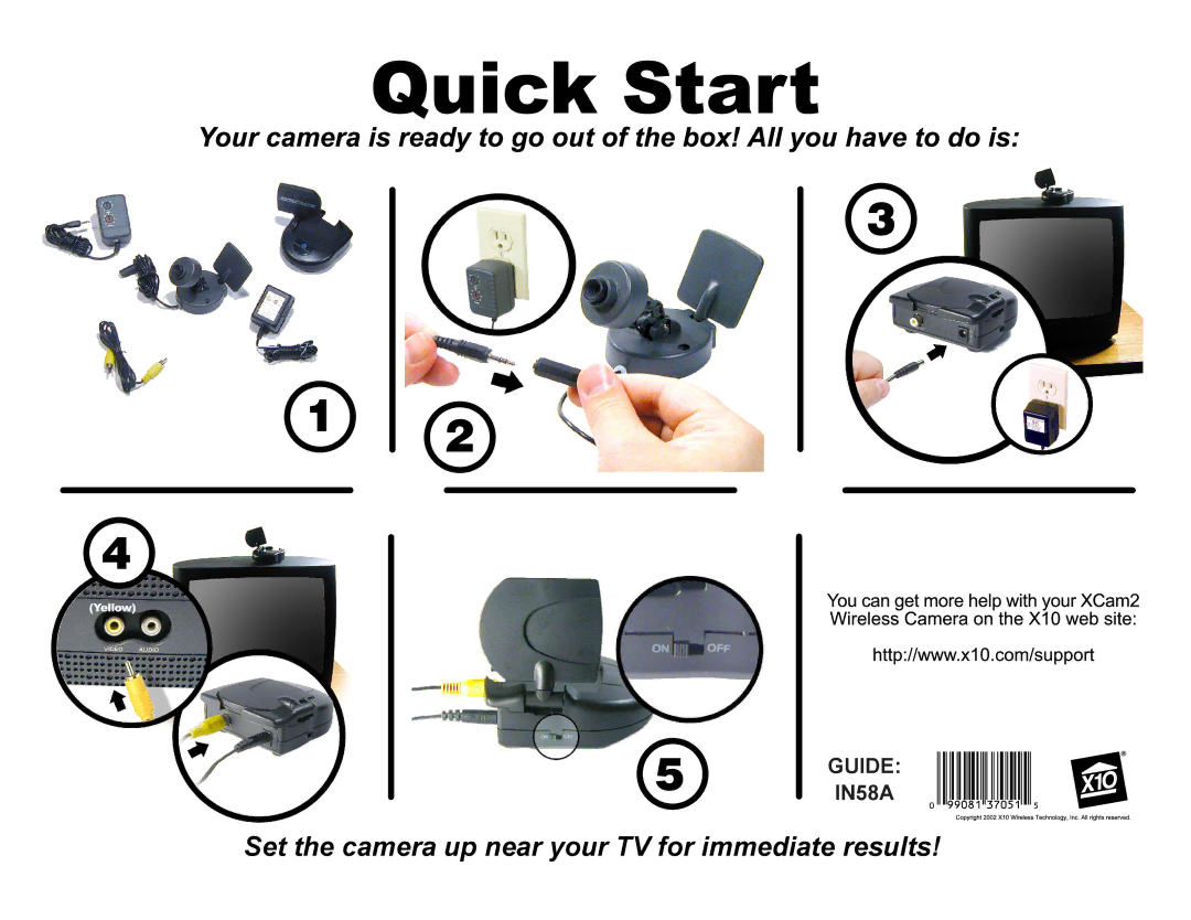 X10 Wireless Technology IN58A manual Set the camera up near your TV for immediate results 