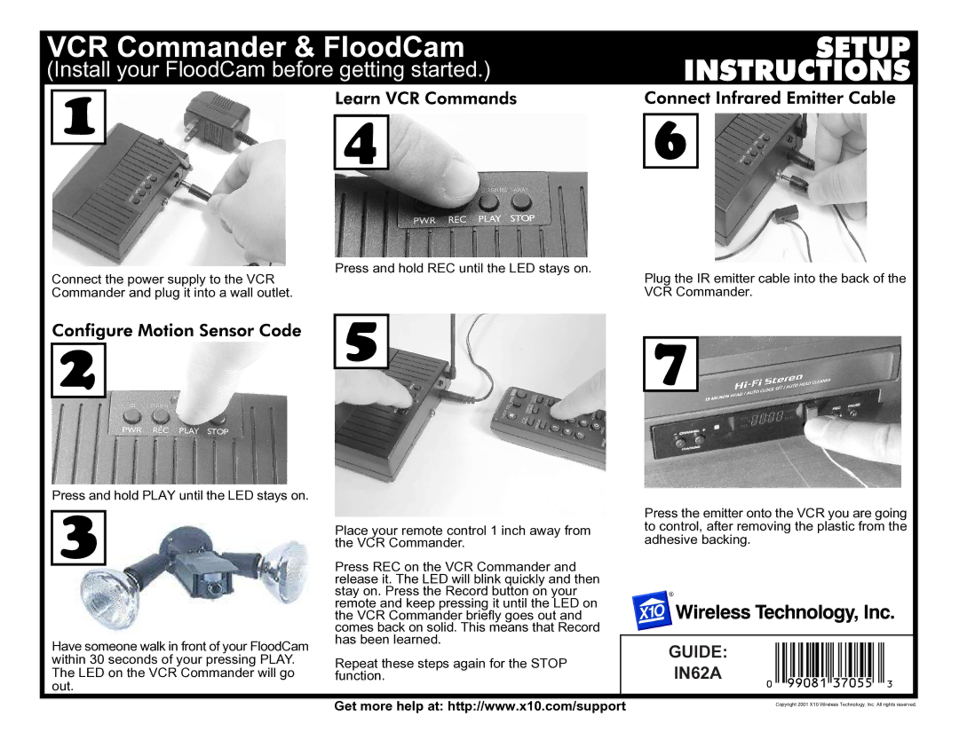 X10 Wireless Technology IN62A manual VCR Commander & FloodCam, Install your FloodCam before getting started 