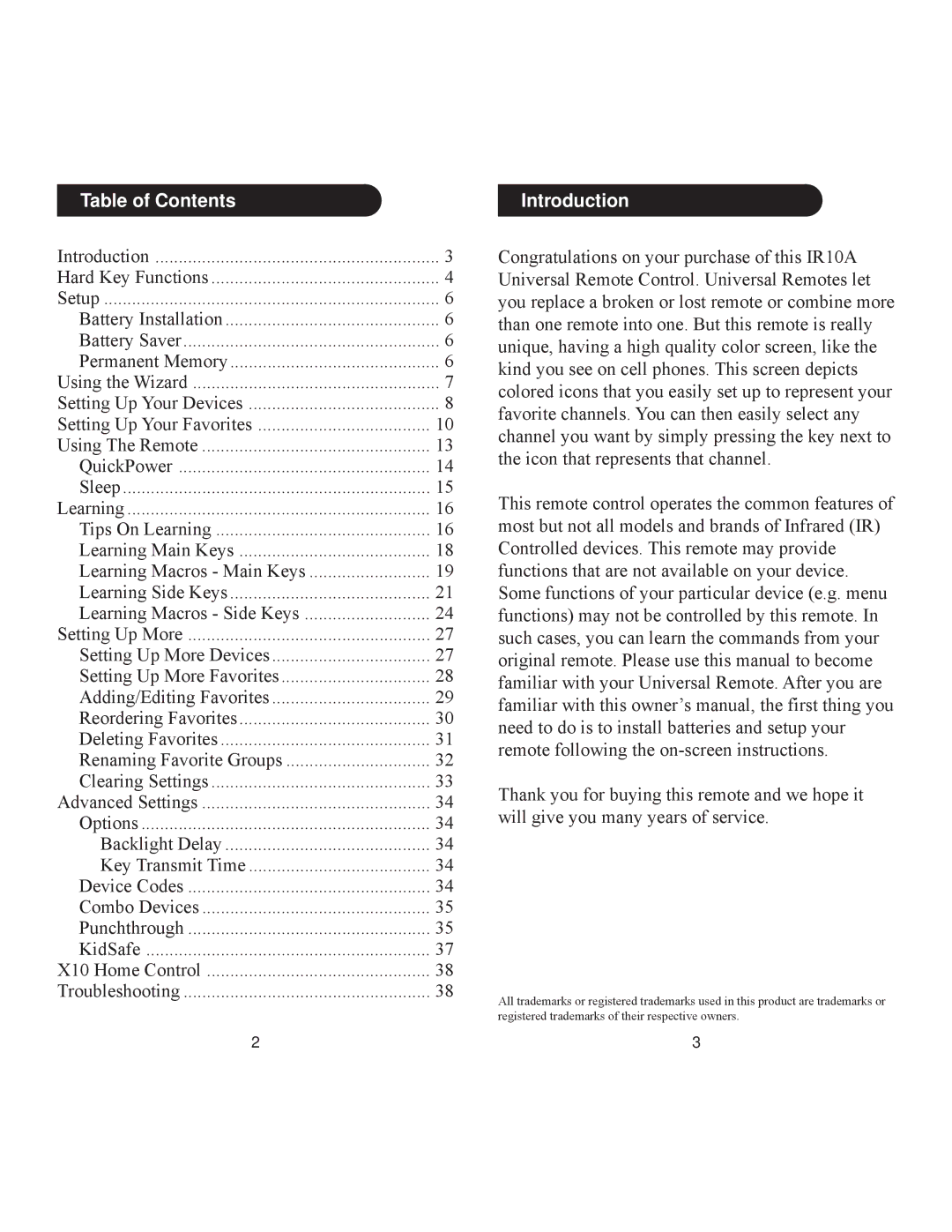 X10 Wireless Technology IR10A owner manual Table of Contents, Introduction 