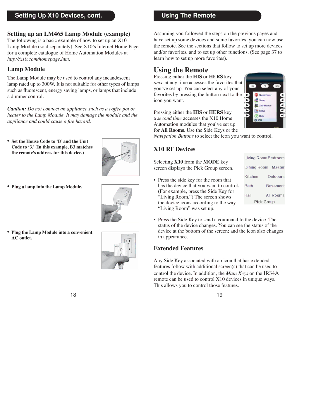 X10 Wireless Technology IR34A Setting up an LM465 Lamp Module example, Using The Remote, X10 RF Devices, Extended Features 