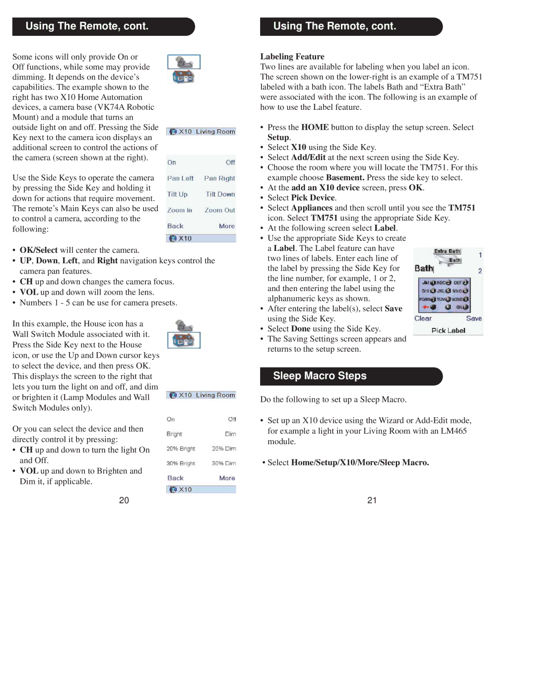 X10 Wireless Technology IR34A owner manual Using The Remote, Sleep Macro Steps, Labeling Feature 