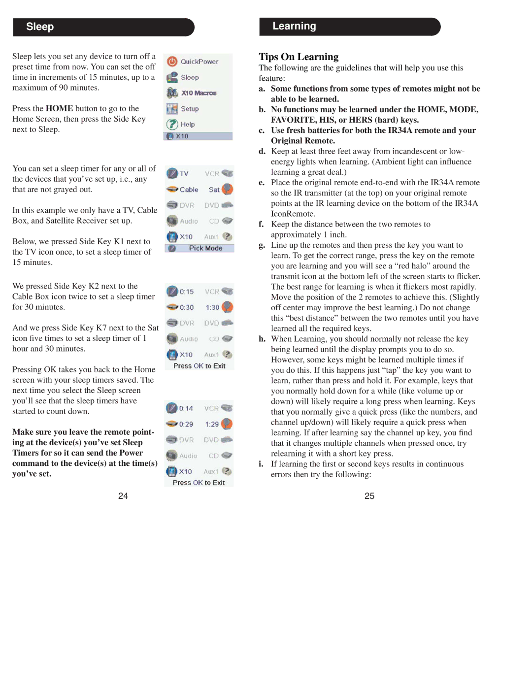 X10 Wireless Technology IR34A owner manual Sleep, Learning 