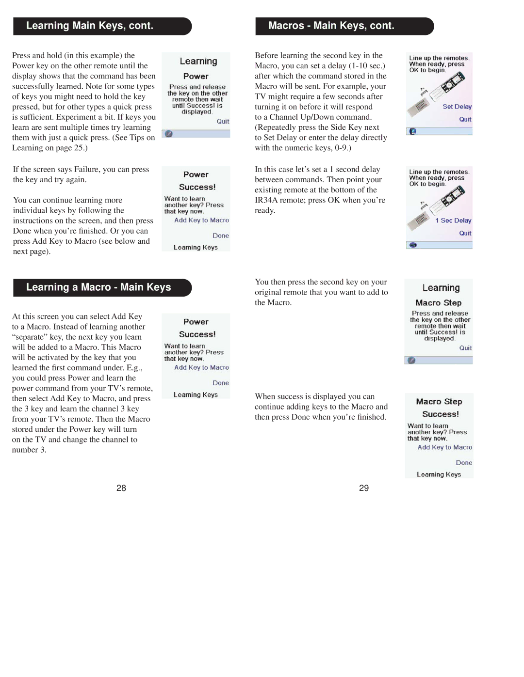 X10 Wireless Technology IR34A owner manual Learning Main Keys, Learning a Macro Main Keys, Macros Main Keys 