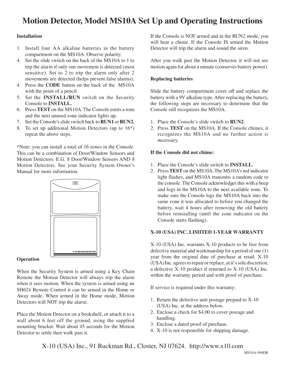 X10 Wireless Technology MS10A owner manual Installation, Operation, Replacing batteries, If the Console did not chime 