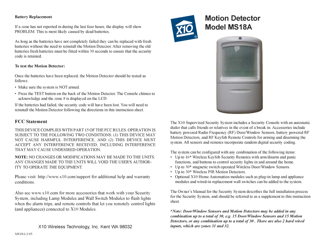 X10 Wireless Technology Motion Detector Model MS18A, FCC Statement, Battery Replacement, To test the Motion Detector 