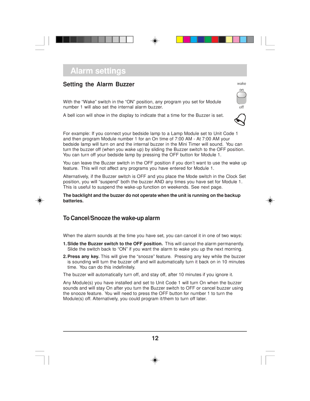 X10 Wireless Technology MT12A owner manual Alarm settings, Setting the Alarm Buzzer, To Cancel/Snooze the wake-up alarm 