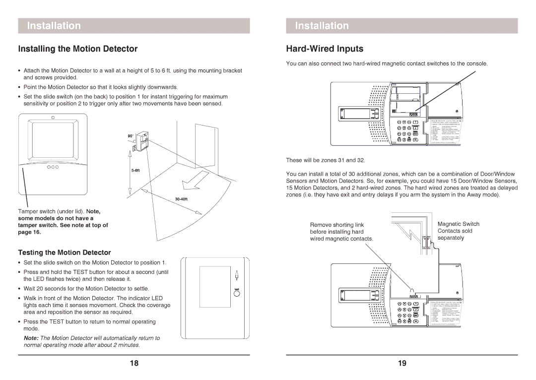 X10 Wireless Technology SC1200 owner manual Installing the Motion Detector, Hard-Wired Inputs, Testing the Motion Detector 