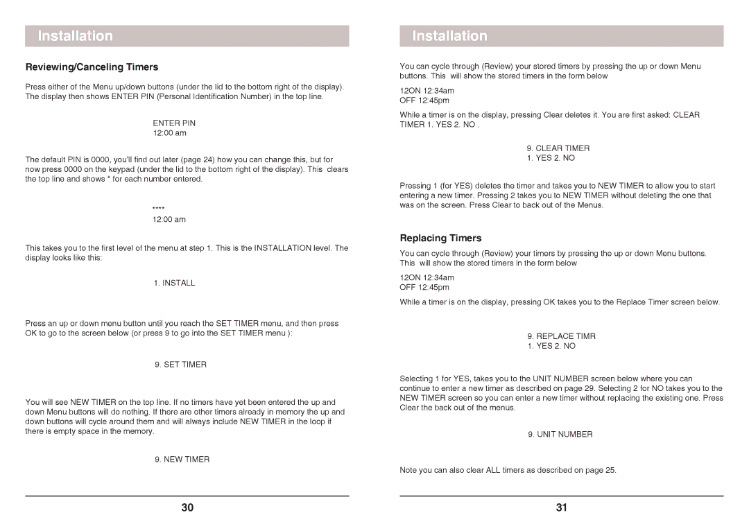 X10 Wireless Technology SC1200 owner manual Reviewing/Canceling Timers, Replacing Timers, Clear Timer, Replace Timr 