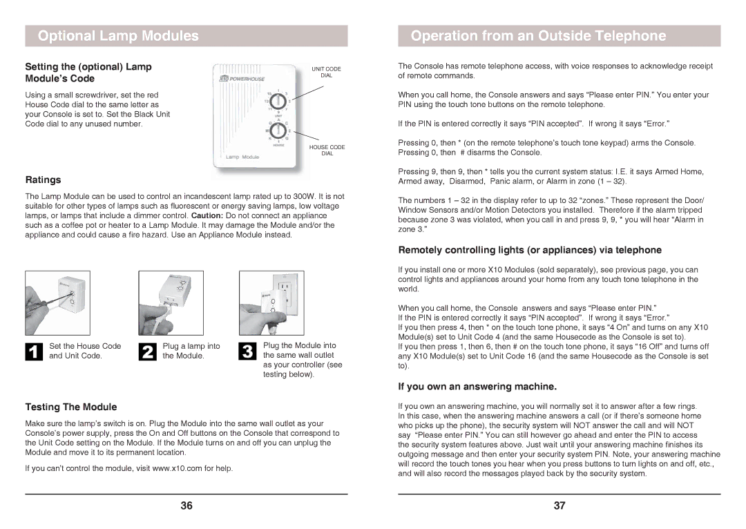 X10 Wireless Technology SC1200 owner manual Optional Lamp Modules Operation from an Outside Telephone 